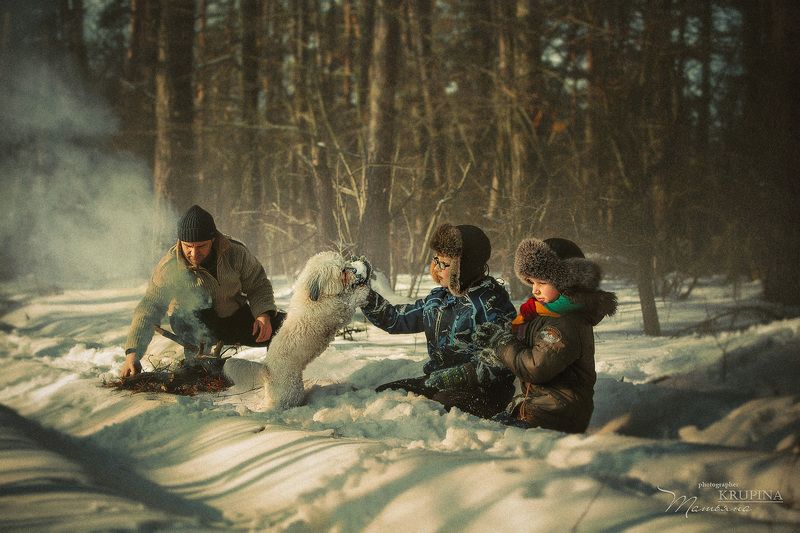 семья, зима, лес, природа, собака, дети, костер, отдых photo preview