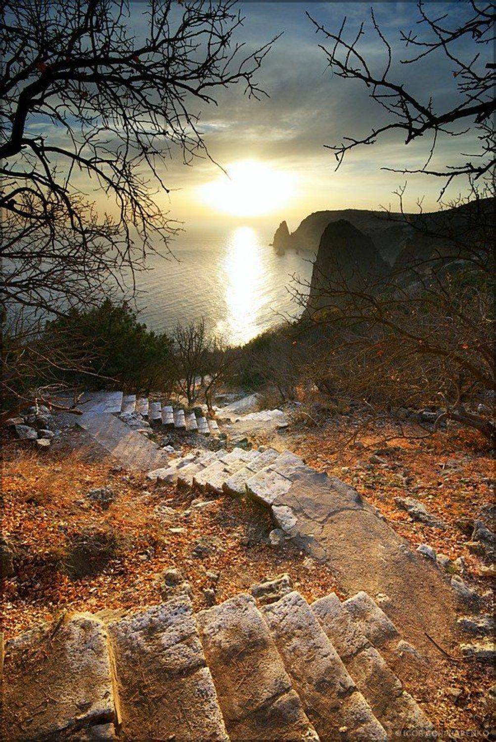 Спуск к солнцу. Автор: Игорь море, пейзаж, крым, закат, горы, ступеньки, фиолент, Игорь