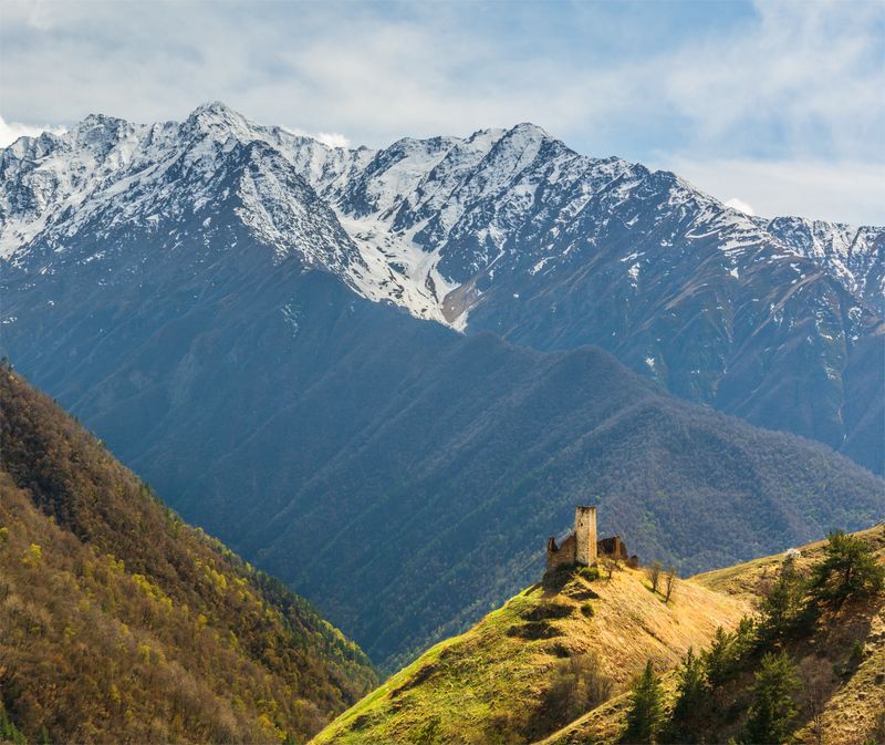 природа, пейзаж, кавказ, горы, весна, вечер, панорама, закат, солнце, небо, облака, свет *photo preview