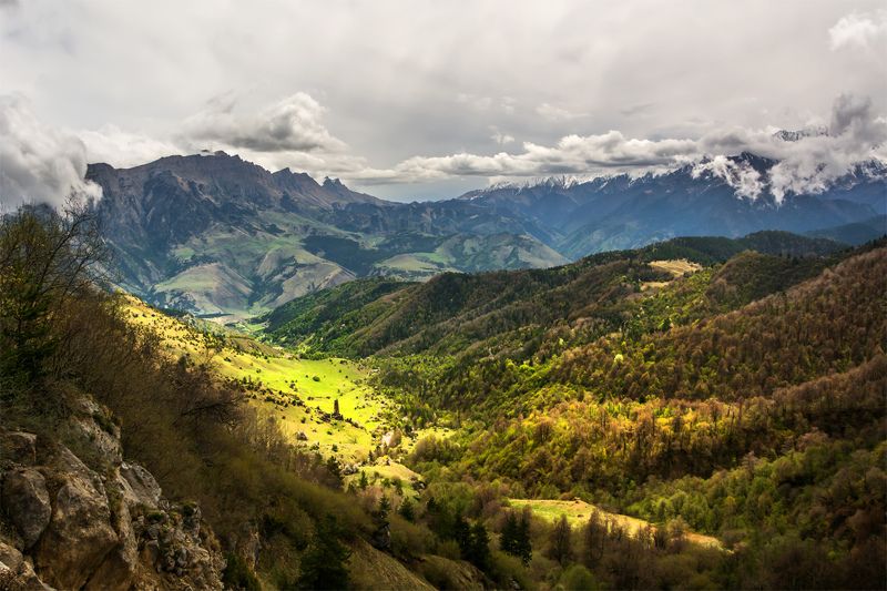 природа, пейзаж, кавказ, горы, весна, вечер, панорама, закат, солнце, небо, облака, свет ***photo preview