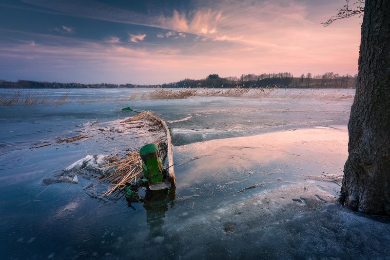 spring ice lake boat sky sunset clouds colors Waiting for the spring...photo preview