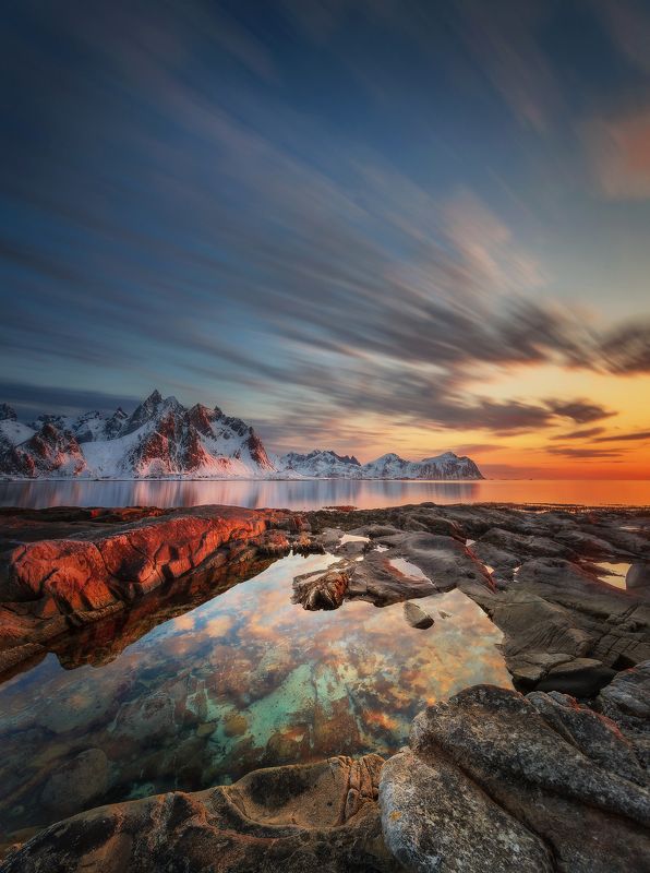beach, sunset, Norway, Lofoten, sunrise, long exposure, mountains, sea, clouds, stones,  Lofoten sunsetphoto preview