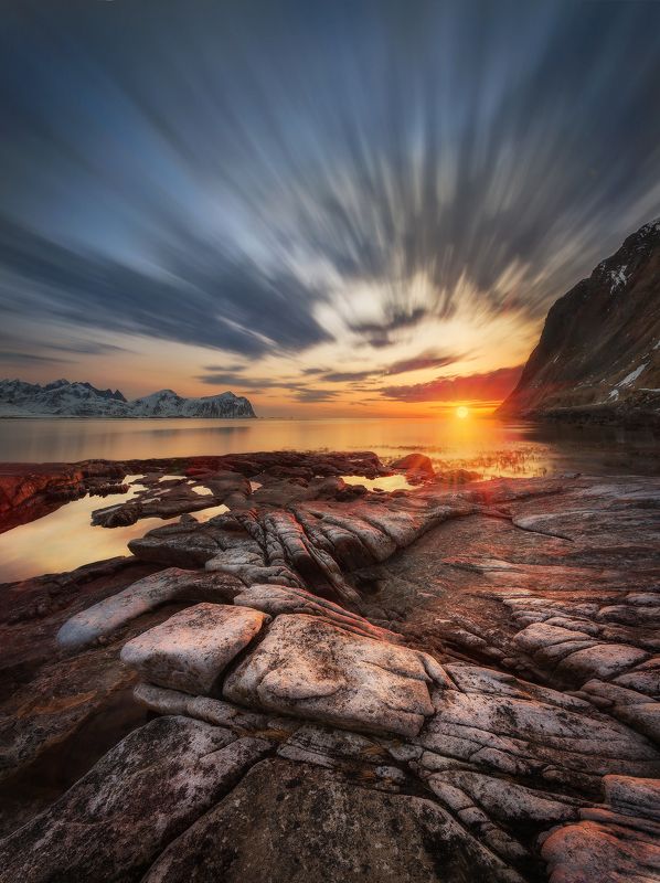 beach, sunset, Norway, Lofoten, sunrise, long exposure, mountains, sea, clouds, stones, Sunsetphoto preview