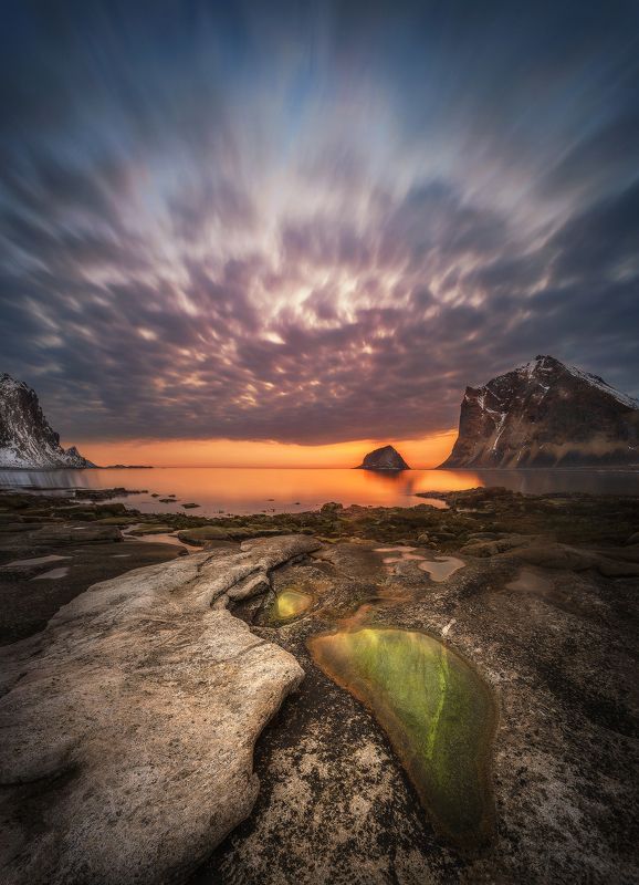 beach, sunset, sunrise, Norway, Lofoten, long exposure, mountains, sea, clouds, stones, Sunset photo preview