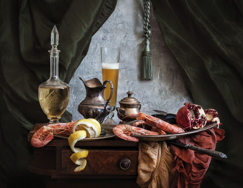 натюрморт, still life, орехи, гранат, евгений корниенко,evgeny kornienko, картина, stilleven Натюрморт с креветкамиphoto preview