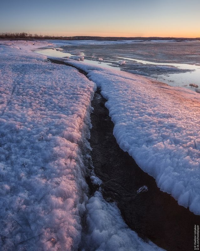 река, кама, заливы, весна, вода, лед, закат, березники, усолье, пермский край Разлом фото превью