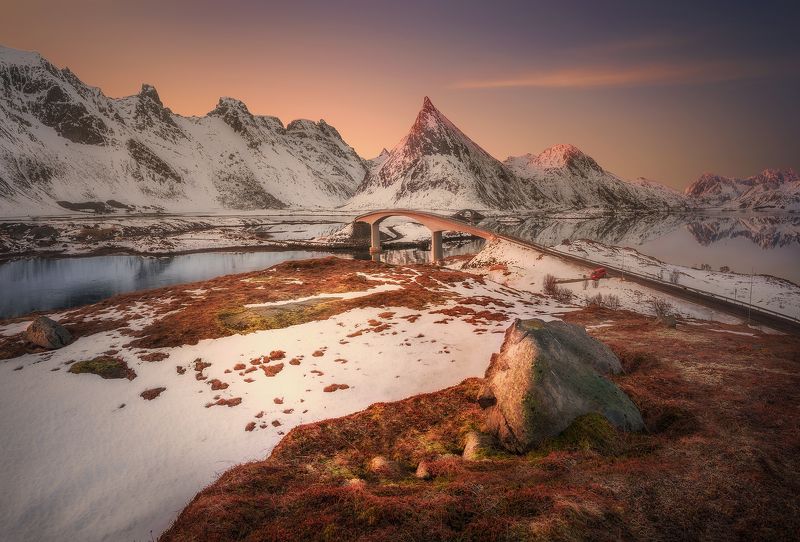 beach, sunset, Norway, Lofoten, sunrise, long exposure, mountains, sea, clouds, stones,  Sunrisephoto preview