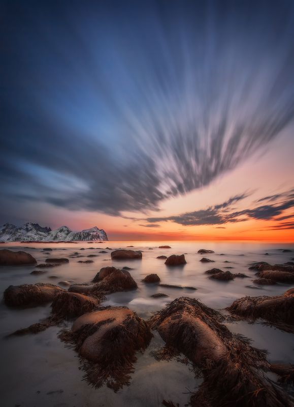 beach, sunset, Norway, Lofoten, sunrise, long exposure, mountains, sea, clouds, stones,  Sunset on Lofotenphoto preview