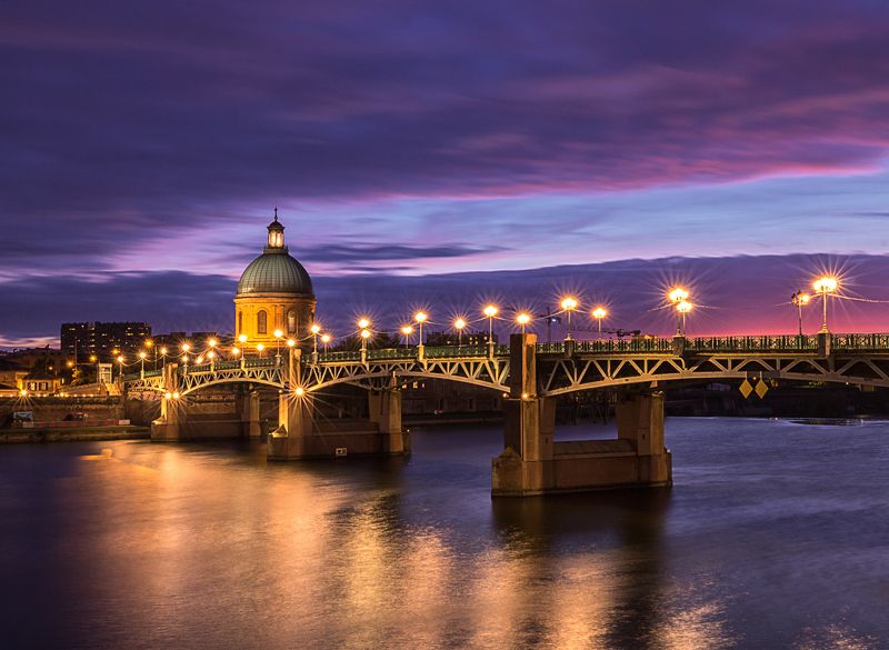 sunset  bridge chapel river light glow Saint Pierre bridge at sunset. Toulousephoto preview