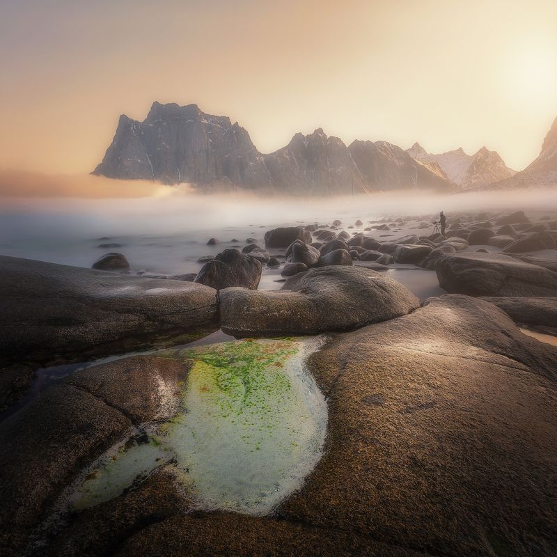 beach, lofoten, norway, fog, foggy, sea, stones, mountains, Utakleiv, photographer, sunset, sunrise Foggy morningphoto preview