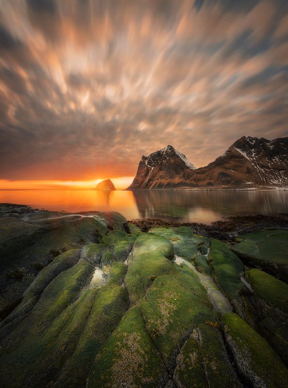 sunset, Lofoten, Norway, beach, sea, clouds, long exposure, landscape, mountains,  Sunsetphoto preview