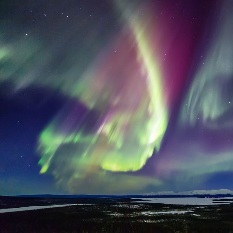 полярное,северное,сияние,ночь,зима,озеро,горы, Цветной ливень фото превью