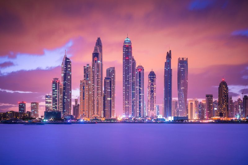 архитектура, небоскребы, город, дубай, оаэ, эмираты, утро, рассвет, море Небоскребы Дубая на рассветеphoto preview