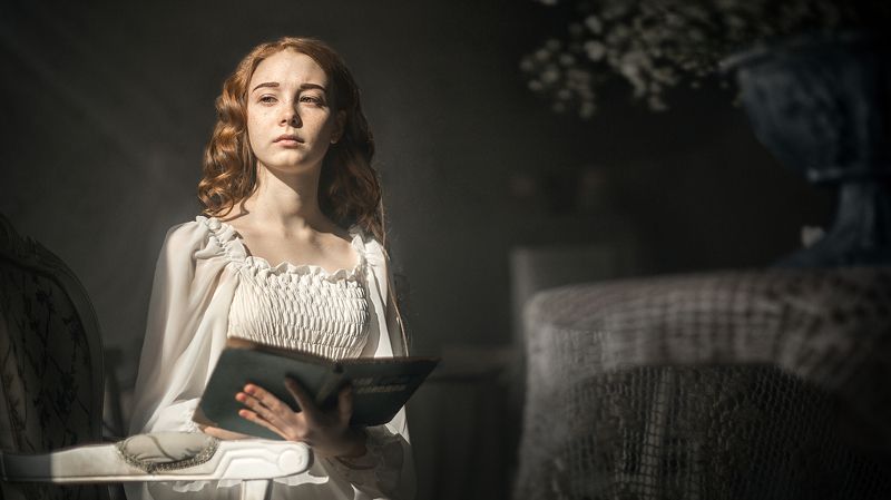 sun, morning, fog, haze, smoke, sunlight, studio, redhair, portrait, young, girl, cinema, breakfast, tea, window, dress, lazy, early, color, cinema Lazy sunny morningphoto preview