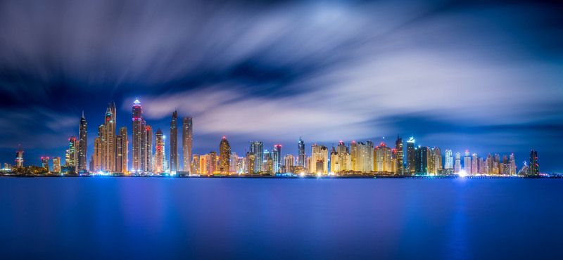 дубай, оаэ, эмираты, город, архитектура, небоскребы, ночь, облака, dubai, uae, cityscape, architecture Ночной Дубайphoto preview