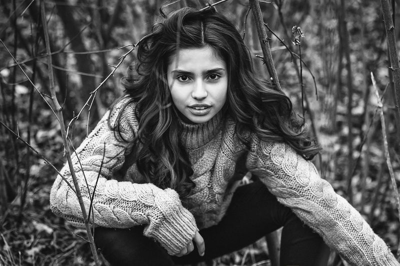 портрет, модель, девочка, черно-белое, осень Ксенияphoto preview