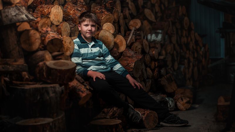 дети,боке,лето,вечер,дерево,дрова, В деревне,на дровах.photo preview