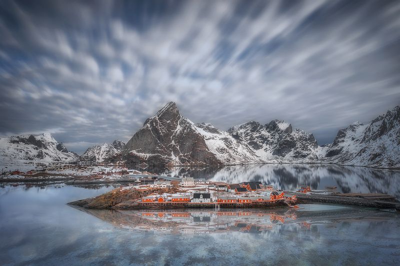 long exposure, clouds, Reine, Lofoten, Norway, fjord, village, bridge, sea, water, mountains, Reine cloudsphoto preview
