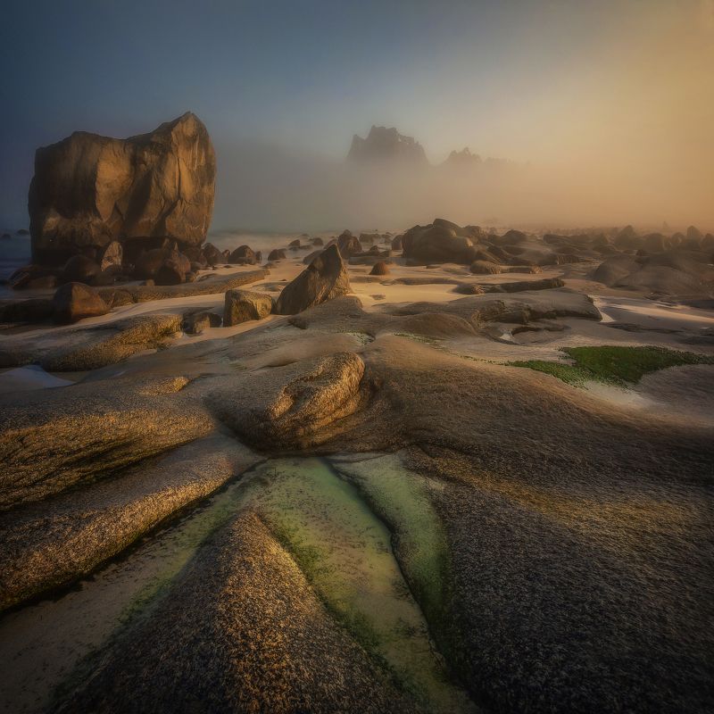 fog, Lofoten, Norway, beach, sea, water, mountains, Utakleiv Beach Foggyphoto preview