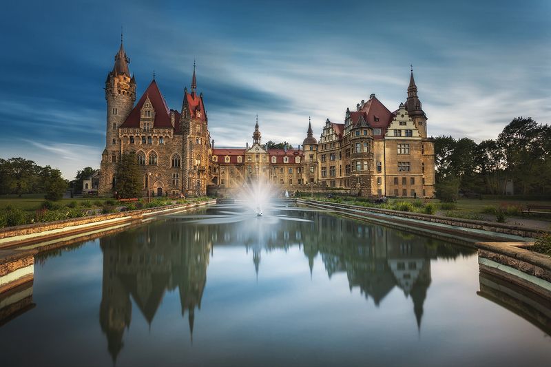 palace, castle, building, architecture, pool, water, long exposure, clouds,  Palace in Mosznaphoto preview
