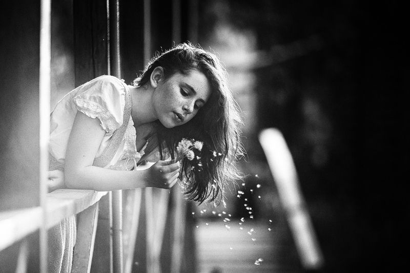 девочка, черно-белое, одуванчик,лето, модель photo preview