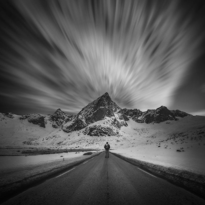 maountains, long exposure, sky, clouds, morway, lofoten, snow, way, road, man Wayphoto preview
