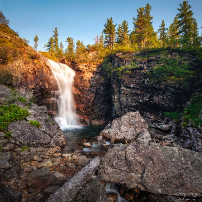 водопад, река, горы, природа, пейзаж, лес, сибирь, лето, закат Сокровища Сибириphoto preview