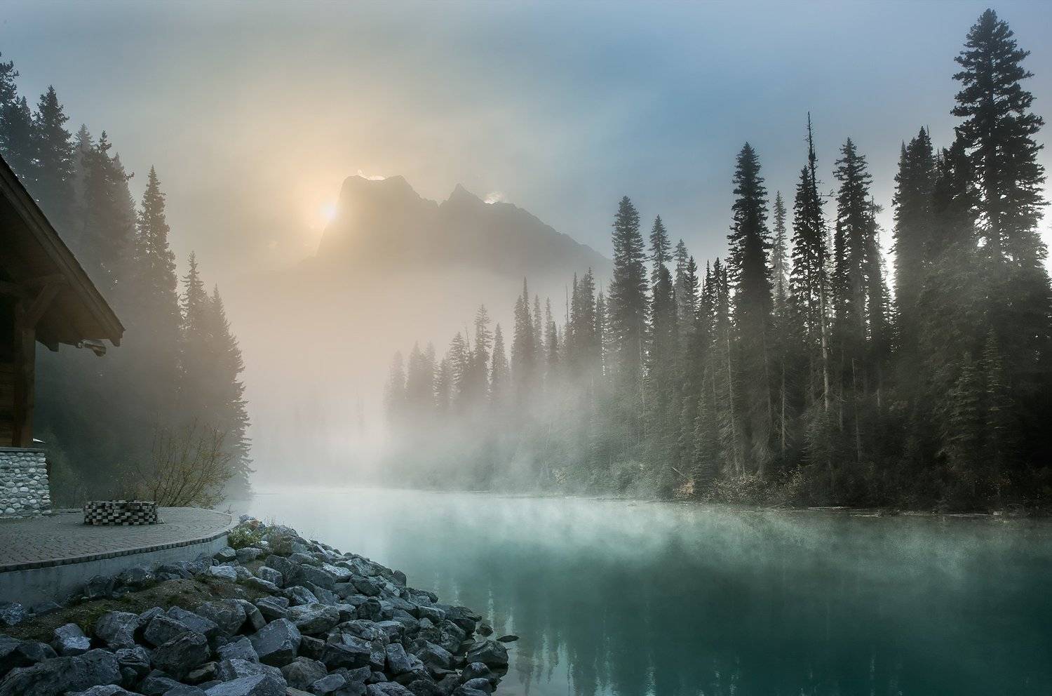 emerald, rockies, fog, trees, sun, lake, Evgeny Chertov