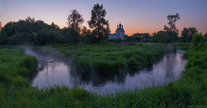 подмосковье,тайнинское,церковь,храм,река,яуза,май,весна,лето,трава,сумерки,вечер,закат,туман, Подмосковные вечераphoto preview