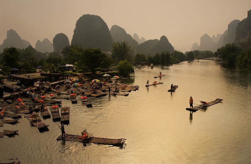 китай, река, закат, плоты На закате рабочего дня...photo preview