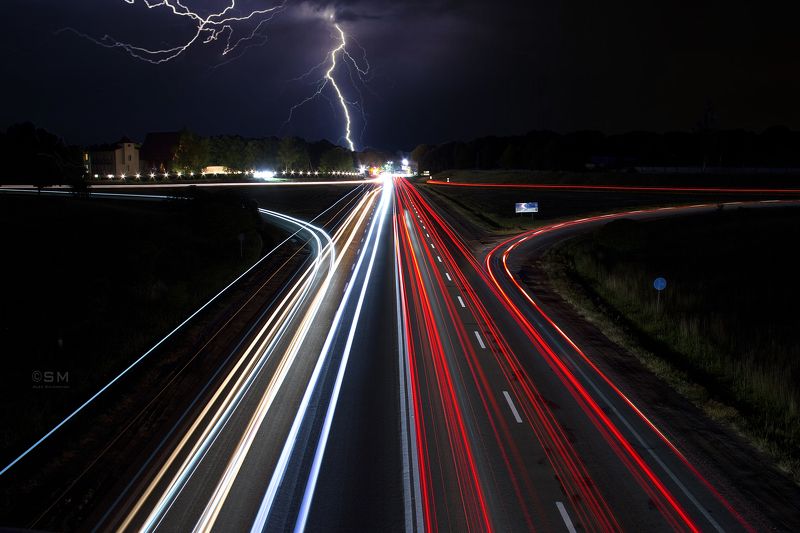 road, street, light, thunder, cloud, night photo preview