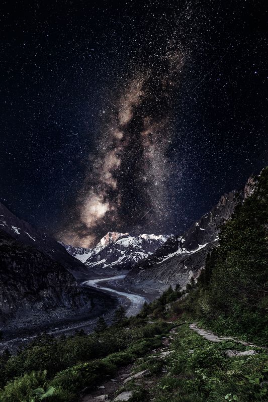 France,Mer De glace,mountains,stars,glacier,night,trees,travel,chamonix mer de glacephoto preview