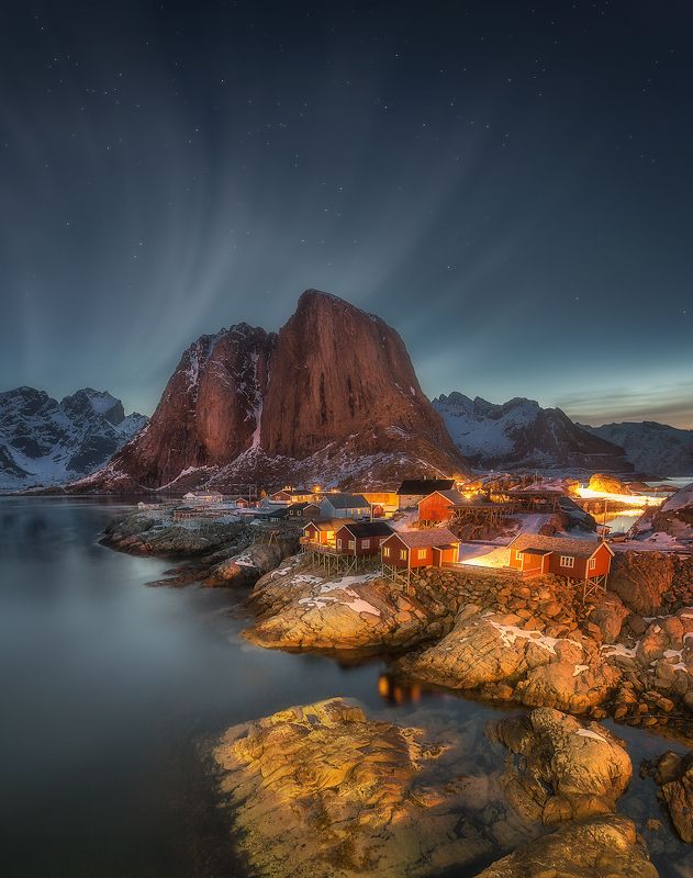 lofoten, islands, Norway, norwegian, arctic, sea, nordic, scandinavian, tradition, notrh, fish, island, winter, snow, mountains Hamnøy by nightphoto preview