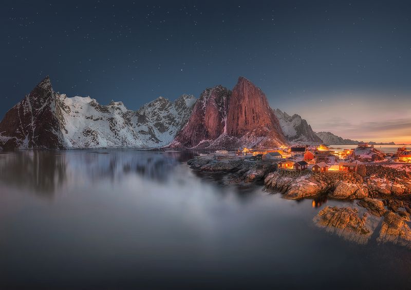 Hamnøy, Lofoten, Norway, night, stars, sunrise, mountain, fjord, light, sea,  Hamnøy photo preview