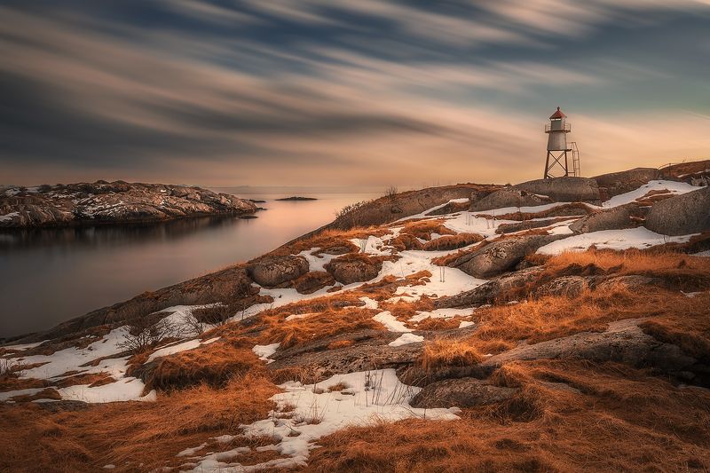 lighthouse, long exposure, lofoten, Norway, arctic, North, clouds, sea, mountains, islands, fjord, snow, spring,  Lighthouse in Henningsvaerphoto preview
