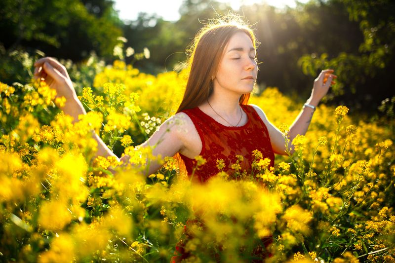 поле, цветы, в цветах, девушка в поле, желтые цветы, желтое поле, раскинутые руки, солнце, против света,  свобода фото превью
