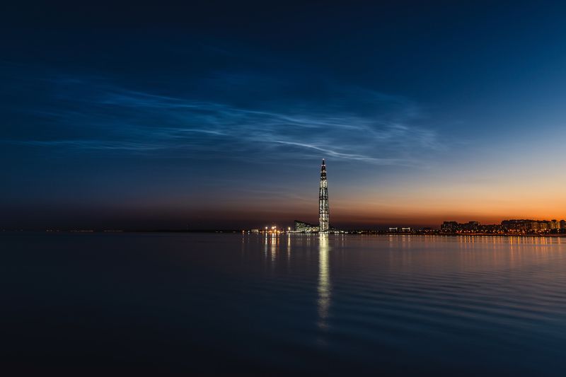 серебристые облака, облака, мезосферные облака, небо, ночь, сумерки, вечер, санкт-петербург, питер, лахта центр, лахта, небоскреб 15.07.18, Серебристые облака в небе над Санкт-Петербургом.photo preview