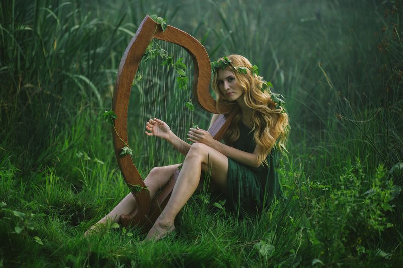 девушка, лес, природа, зелень, эльф, арфа, музыка Музыка природыphoto preview