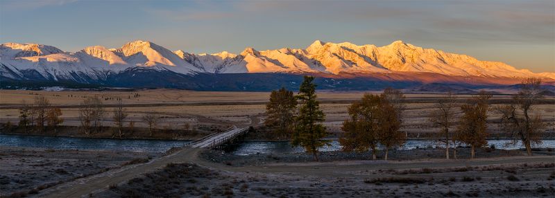 природа, пейзаж, алтай, горы, осень, река, чуя, панорама, сибирь, степь, вершины, хребет, курай, утро, восход, рассвет, мост *photo preview