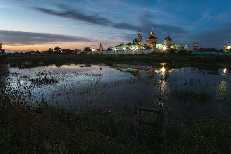 россия, московская область, коломна, старое бобренево, монастырь, церковь, вечер, закат, сумерки, природа, пейзаж, пруд, отражение Старое Бобреневоphoto preview