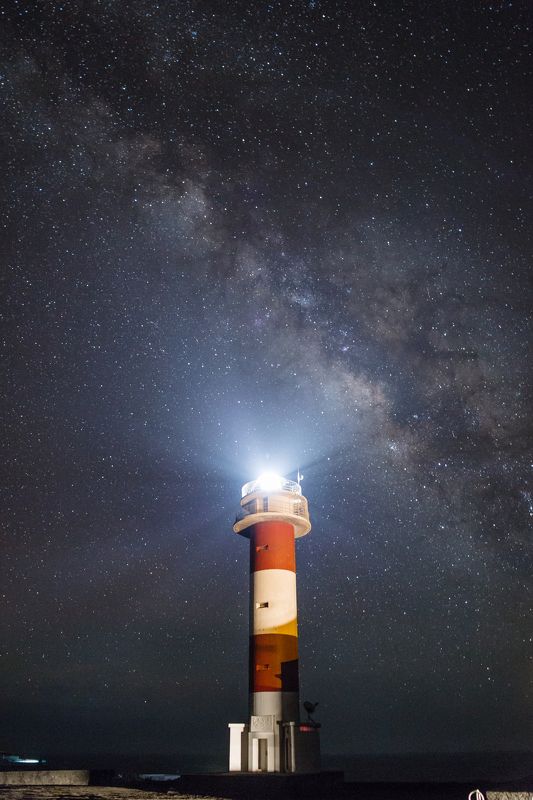 Остров Ла Пальма, Млечный путь, маяк, лучи света  Маяк и вечностьphoto preview