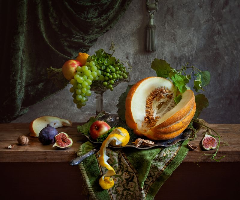 натюрморт, натюрморт с дыней, дыня, still life, stilleven, melon, still life with melon, evgeny kornienko, евгений корниенко, орехи Натюрморт с дыней и инжиромphoto preview