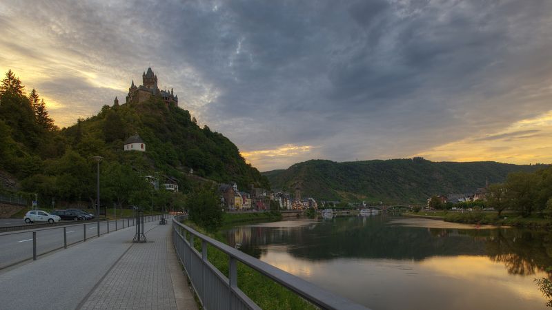 пейзаж, природа, город, закат, река, небо, облака, свет, замок, Европа, Германия, Кохем Evening viewphoto preview