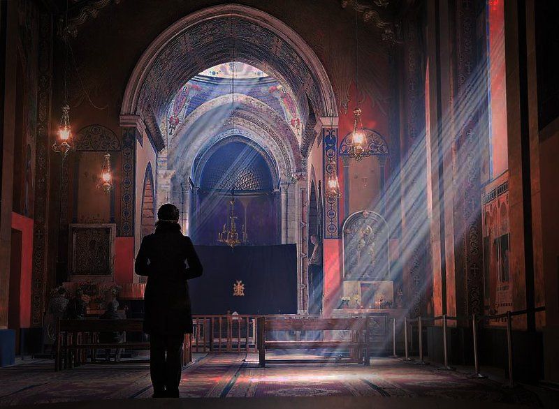 церковь, лучи, лучь, девушка, свет  фото превью