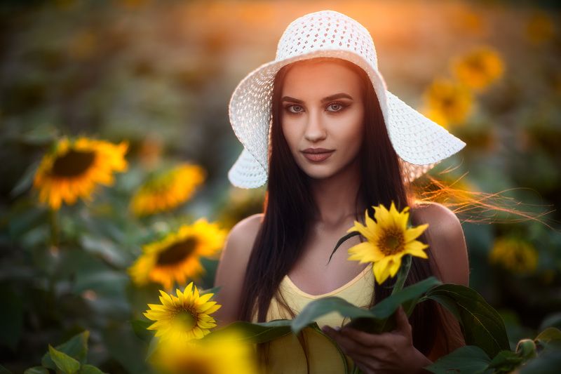 beautiful, people, wavy, hair, wearing, flowers, fujioka, sundress, baby flower, long hair, summer, straw, hat head, cocked, beauty, beauty in nature, sunflower, sunset, Portrait of P. with Sunflowersphoto preview