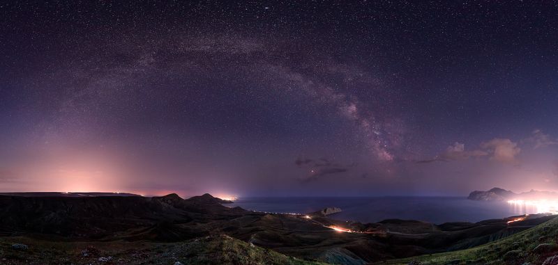 sea, seacost Crimea, Koktebel, A panorama of Black Sea shore from the top of Kuchuk-Enyshar Mountphoto preview