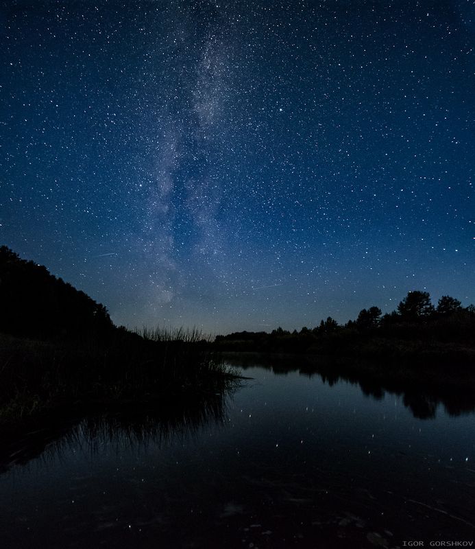 ночное небо,звёздное небо,звёзды,ночь,пейзаж,река,млечный путь,отражения,панорама,лето, Млечный путь над Мологой рекой фото превью