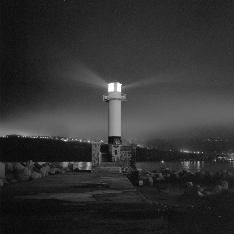 sea, marine, water, seascape, ocean, film, medium, format, 6x6, b&w, black, white, ilford, night, bulgaria, varna Lighthousephoto preview