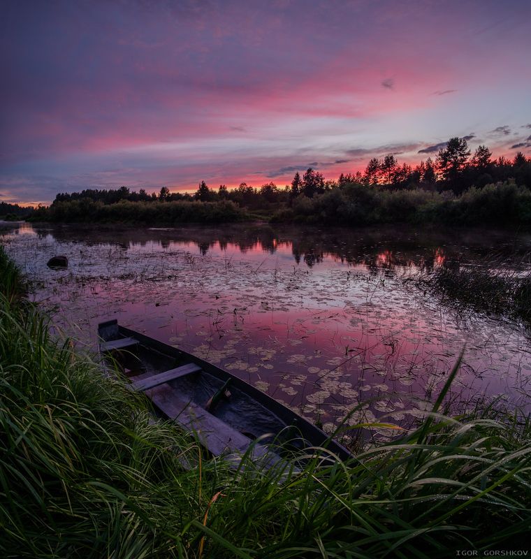 молога,река,закат,лодка,пейзаж,природа,небо,тучи,отражения,берег,трава, Вечер на рекеphoto preview