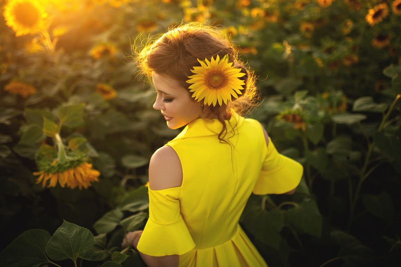 девушка, портрет, закат, подсолнух, лето, желтый, цветы, цвет Настяphoto preview